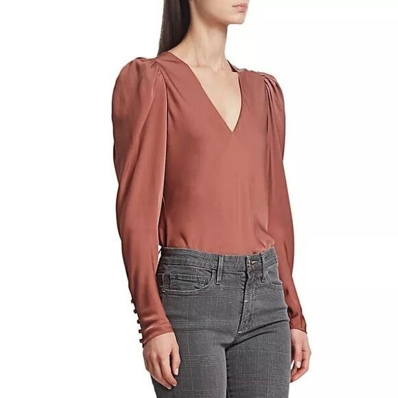 FRAME Shirred Puff Sleeve Silk Blouse Sable Size Large Red Brown Chic Sexy Satin - Picture 1 of 16